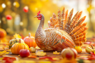 Happy thanksgiving card with turkey, pumpkins and autumn leaves. Harvest festival scene