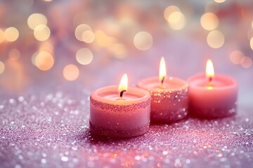 Three candles are lit on a pink background. The candles are arranged in a row, with one in the middle and two on either side. The scene has a warm and cozy atmosphere