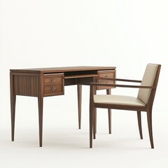 Fototapeta premium A stylish wooden desk with drawers and a modern chair, ideal for office or study use.