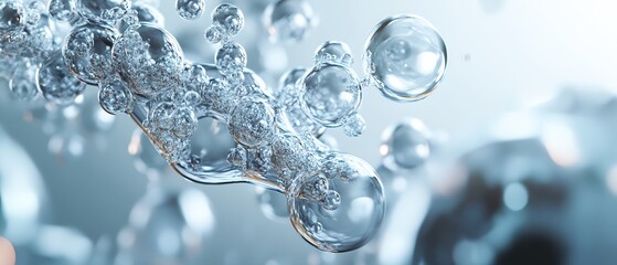 A close up of water droplets in a stream. The water droplets are clear and shiny, and they are scattered throughout the image