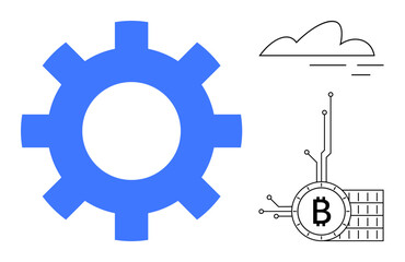 Large blue gear next to Bitcoin symbol on a circuit background with a simple cloud outline design. Ideal for technology blockchain cryptocurrency digital finance innovation and minimalist design