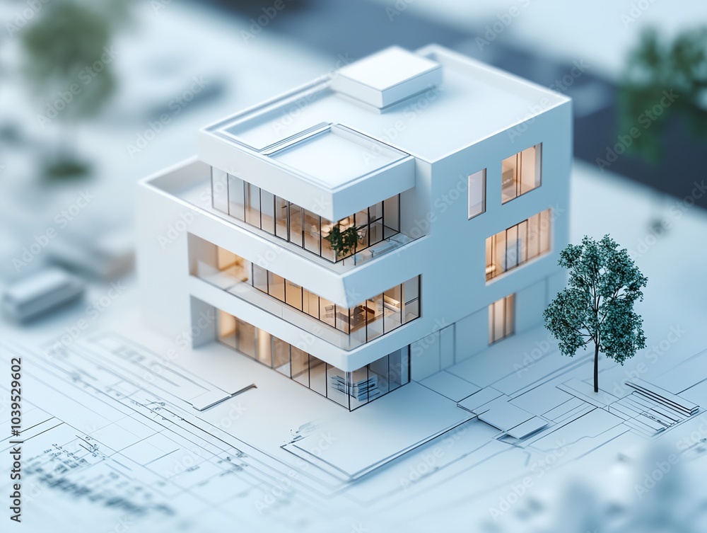 Poster a white house with a tree in front of it. the house is a three story building with a balcony on the 