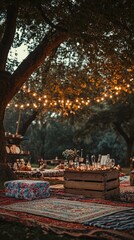 Rustic Picnic Birthday Setup with Weathered Wooden Crates, Vintage Plates, Floral and Striped Blankets