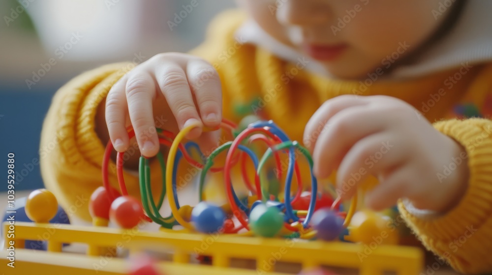 Poster a child plays with colorful bead mazes, enhancing fine motor skills and cognitive development throug