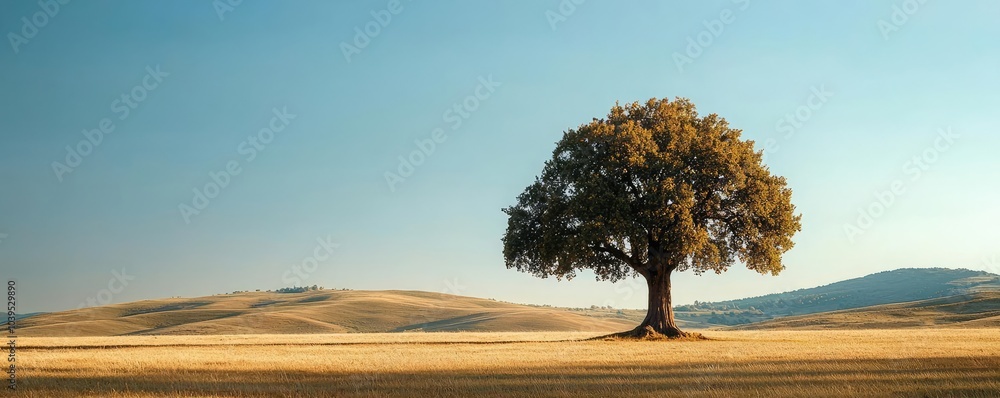 Poster lone tree standing in a vast field under a clear blue sky.