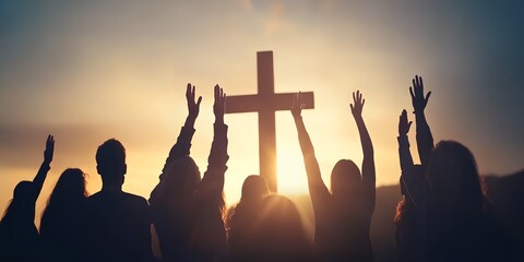 A group of people are gathered around a cross, with some of them holding hands and others raising their hands in the air. Concept of unity and faith, as the people come together to worship and pray