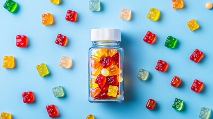 A bottle of colorful gummy chewable supplements surrounded by scattered gummies on a light blue background.
