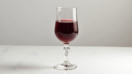 A stunning crystal goblet filled with deep red wine, reflecting light beautifully. The goblet is elegantly placed on a smooth surface, enhancing its intricate design and the rich color of the wine.