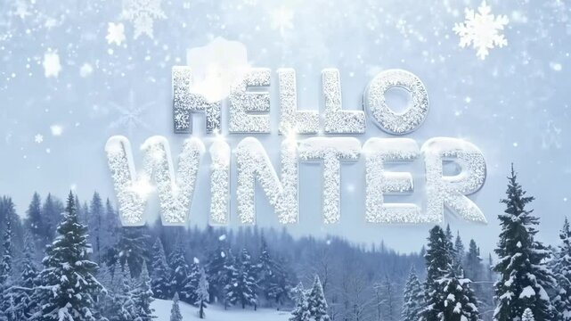 Hello Winter icy text with sparkling snowflakes, beautiful snow-covered forest in the background. Magical atmosphere - Powered by Adobe