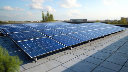 Solar panels installed on a rooftop, blue sky in the background