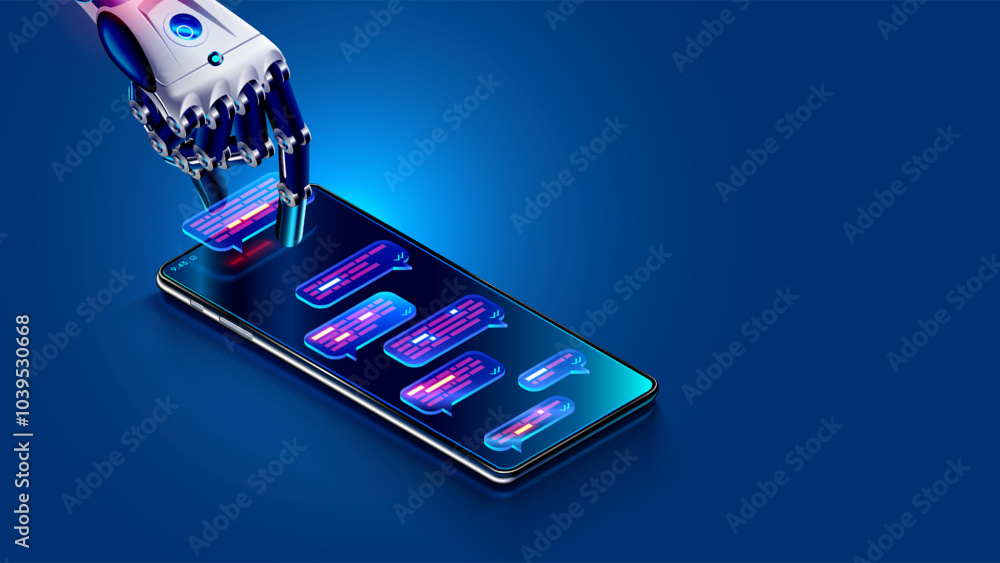 Poster AI chatbot in image robot or cyborg holding in hand message bubbles. Online AI chat bot talk through messenger. Technical support chat bot, internet assistance with artificial intelligence or AI.