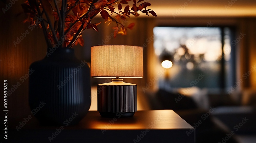 Poster a modern table lamp with a pleated shade sits on a wooden side table next to a vase with fall leaves