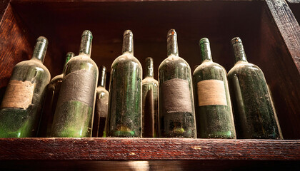 Dusty Vintage Bottles on an Antique Wine Rack