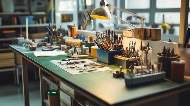 A serene model-making workshop with tools and miniature materials, Model-making tools organized on worktables, Hobbyist workshop style