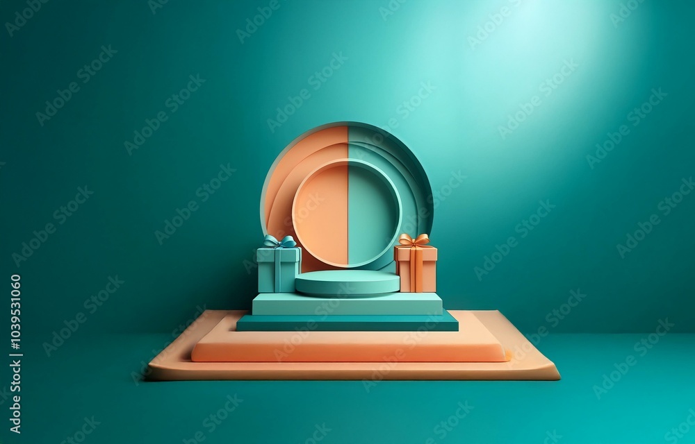 Poster a teal background with a layered platform of rectangular and circular shapes, adorned with two gift 