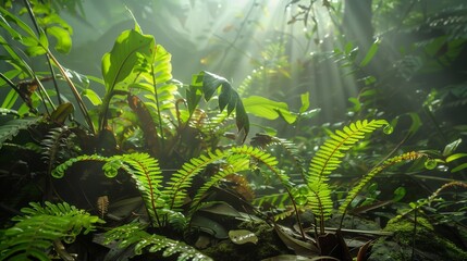 Lush green fern fronds unfurling in a misty rainforest.