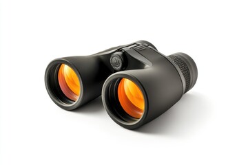Black Binoculars with Orange Lenses on a White Background