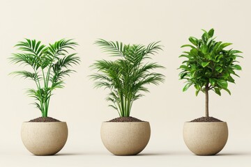 Fototapeta premium Minimalistic arrangement of three indoor potted palm trees in beige round planters set against a soft cream background offering a clean serene and sophisticated home decor style