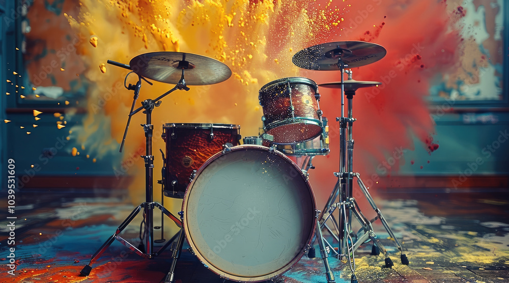 Poster old drum set with bright colors coming out the speaker as sound waves.