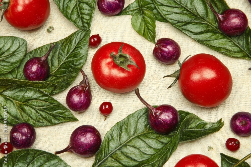 Poster artistic close up of ripe tomatoes and small red berries displayed on a rustic surface capturing vib