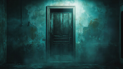 Obraz premium A dark hallway with a weathered red door and a flickering wall sconce at night, creating an eerie atmosphere