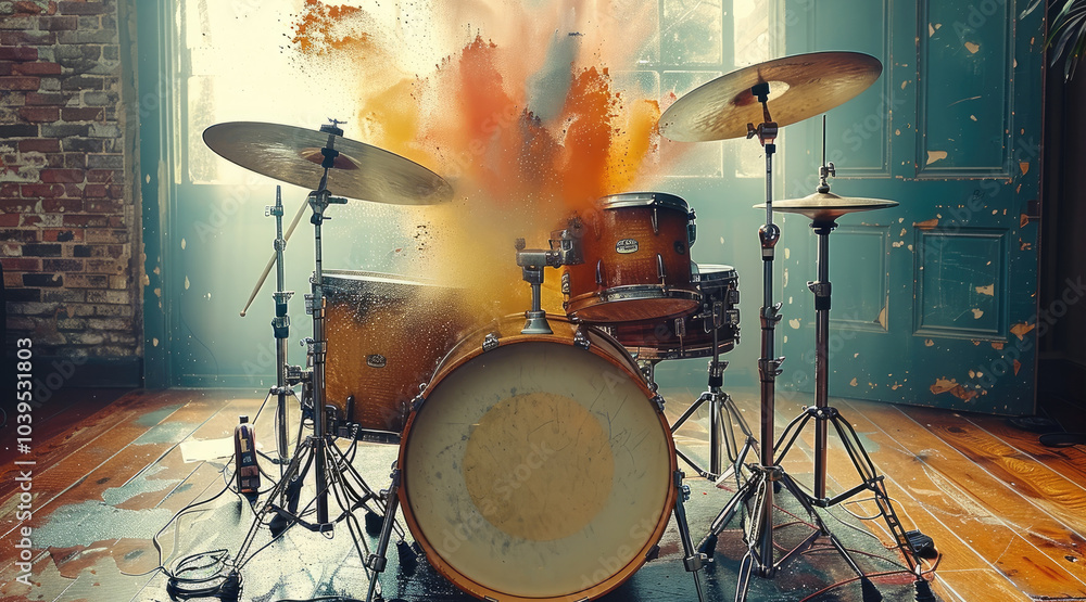 Poster old drum set with bright colors coming out the speaker as sound waves.