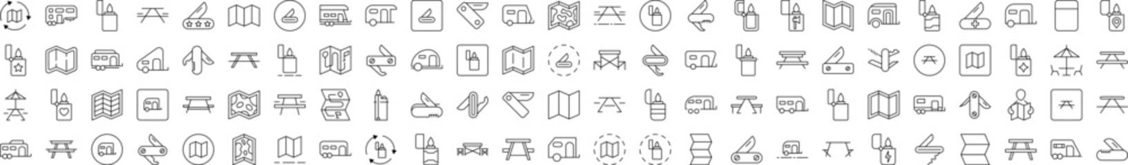 Beach, Umbrella, Surfing, Lifeline, Summer Rest Simple Illustrations Drawn with Thin Line. Collection of Various Design Elements that Can Be Used for Apps, Articles, Web Sites, Social Media