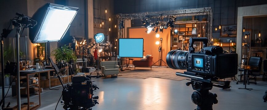 Professional video camera set up in a studio with lighting equipment.