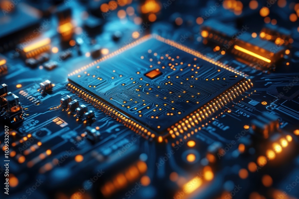 Poster a close-up view of a microchip with glowing orange lights on a complex circuit board at night