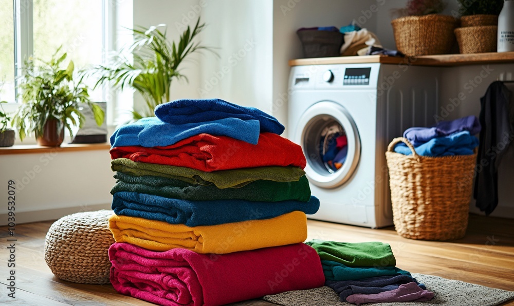 Poster Stack of colorful folded clothes in front of washing machine in a laundry room.