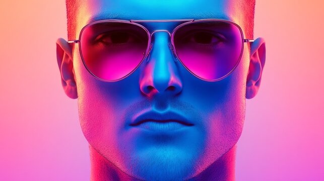  A tight shot of an individual donning pink-blue sunglasses against a matching backdrop, bareheaded