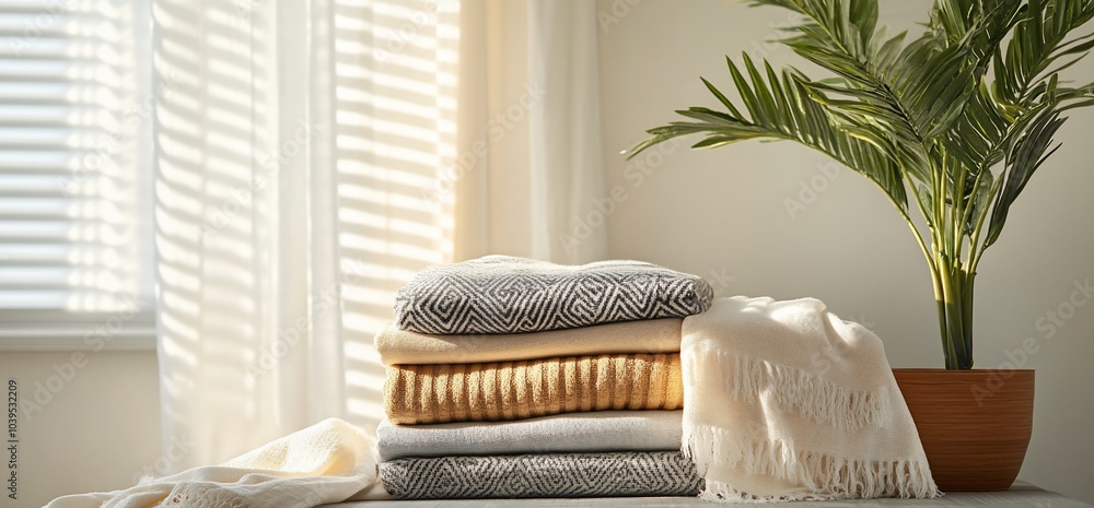 Aufkleber Stack of folded blankets near a window with a plant.