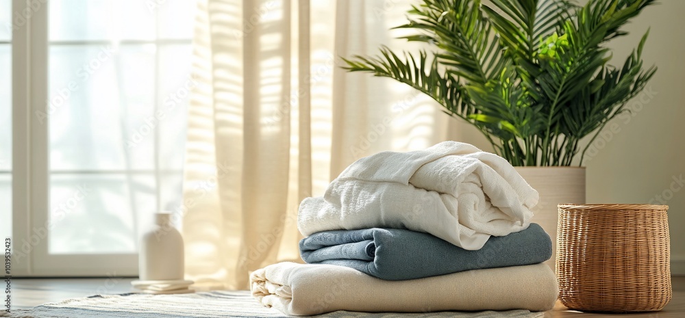 Poster Stack of soft towels on the floor in front of a window with sunlight streaming through the curtains.