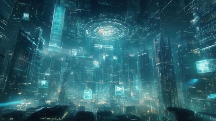 A futuristic cityscape dominated by towering glass buildings, advanced technology infrastructure, and a central hub of glowing data streams representing digital governance and control