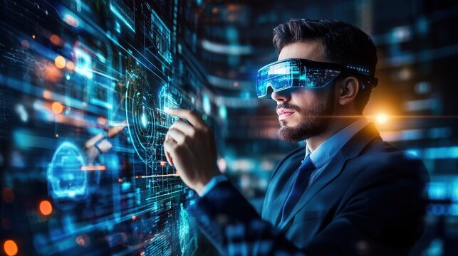 A futuristic government official with augmented reality glasses, working with holographic data, symbolizing the use of technology in leadership