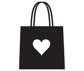 Black shopping bag with heart. Shopping bag icon. Shopping bag silhouette vector
