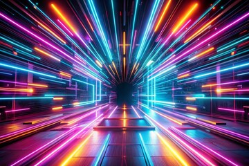 Obraz premium Glowing neon light streaks and futuristic flashes on a black background, motion energy for banners or postcards, dynamic and vibrant design, created with generative AI techniques