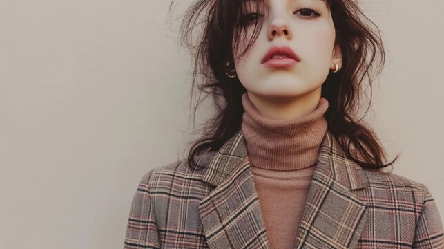 Preppy fashion style with plaid blazer, turtleneck sweater, loafers, and soft off-white backdrop