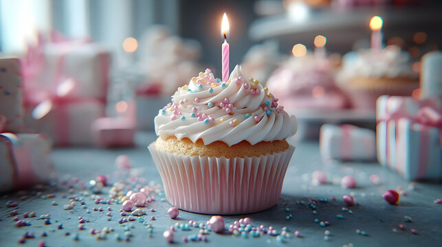 Birthday Cupcake with Sprinkles and a Candle - 3d Illustration