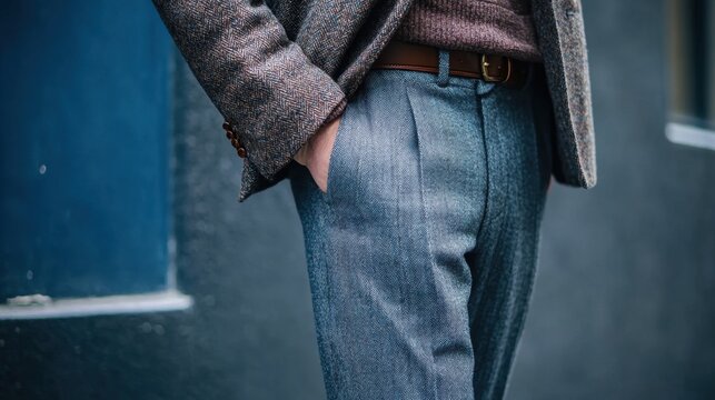 Retro preppy fashion style showcasing tweed blazer, pleated trousers, loafers, minimal grey background
