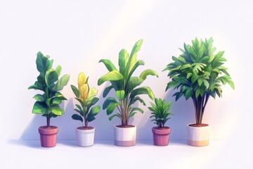 Fototapeta premium Collection of colorful potted houseplants with large leaves set against a gradient background showcasing vibrant foliage and aesthetic indoor decor ideas
