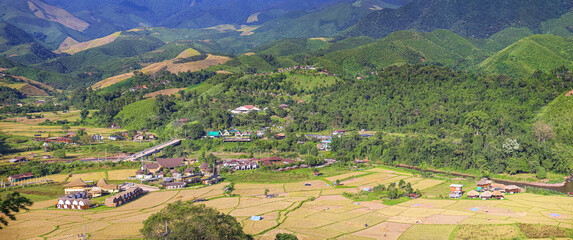 Beautiful aerial Panorama view of rice paddy field in Sapan village, Nan province of Thailand