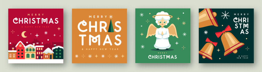 Set of Merry Christmas and Happy New Year greeting cards, covers or posters with holiday attributes. Christmas background. Flat design. Vector illustration