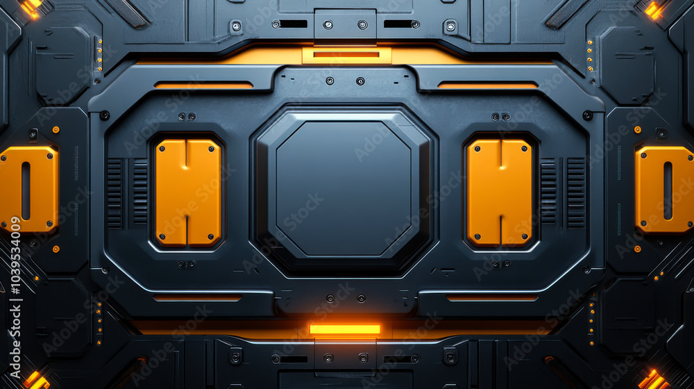 Poster high-tech abstract design featuring intricate patterns and vibrant orange accents set against a dark