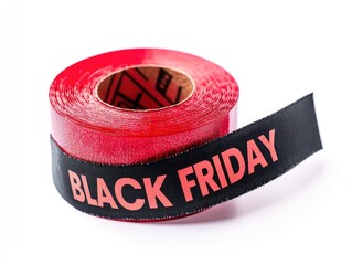 A close-up of a red ribbon roll labeled "Black Friday," symbolizing a discount and festive season marketing material