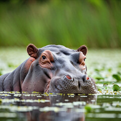 Fototapeta premium Did you know that hippos sweat... red? Their sweat contains a red pigment that acts as a natural sunscreen and antibiotic! Who would've thought? 