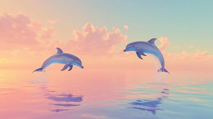 Two dolphins leap out of the water in front of a pink sunset sky.
