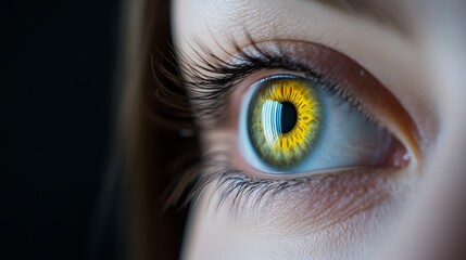 Fototapeta premium A tight shot of an eye, featuring a vibrant yellow and blue iris at its core