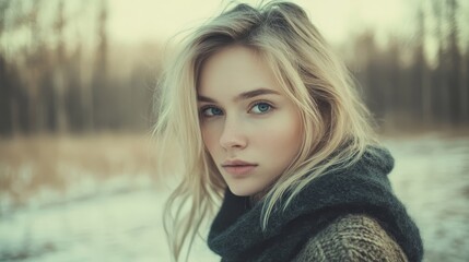 Naklejka premium A beautiful blond woman with blue eyes stands in a snowy field against a forest backdrop
