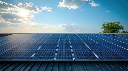 Solar panels on rooftop under blue sky and white clouds, green tree in background